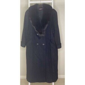 Alorna Coat Womens 18 Black Double Breasted Pockets Fur Trim 100% Wool